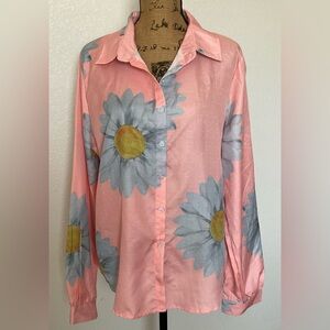 Pink and Gray Relaxed Button Down Shirt with Puff Sleeves